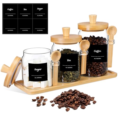 Image of Suclain 3 Pcs Glass Coffee Container Set, 13.5,20,25 oz, Natural Bamboo | Coffee Tea Sugar Canister Set, Airtight Jar Food Storage with Wood Spoon Tray Labels, Kitchen Counter Bar Organization