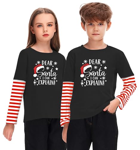 Image of Remimi Unisex Kids Christmas Long Sleeve Shirt Xmas Print Stripe Shirts 2-12 Years