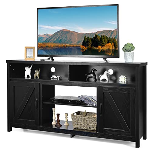 Tangkula Modern Farmhouse TV Stand with Double Barn Doors, 59 inch TV Storage Cabinet for TVs Up to 65 Inches, Adjustable Shelves, Wood Entertainment Center Console Table for Living Room (Black)