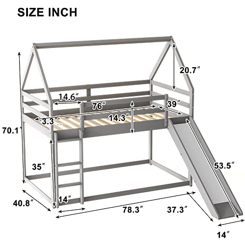 Twin Size Bunk House Bed With Convertible Slide And Ladder,Twin Over Twin Wooden Bed Frame With Guardrails For Kids Teens Girls Boys,Gray #TOP1