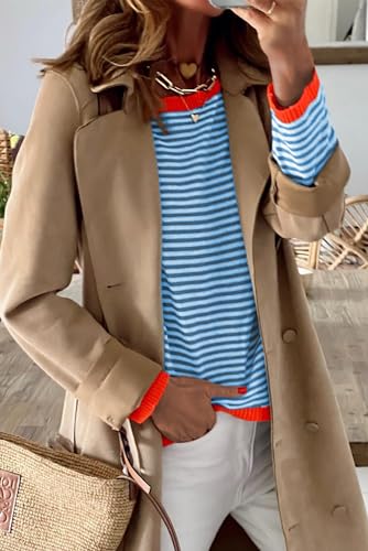 Image of Womens Striped Lightweight Cotton Sweaters Long Sleeve Crew Neck Color Block Casual Knitted Pullover Tops