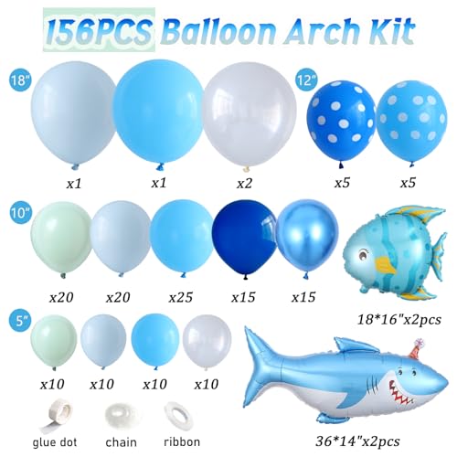 Image of Under the Sea Party Decorations,156Pcs Blue Green Shark Balloon Garland Kit | with Shark Clownfish Foil Balloons for Shark Week Ocean Animals Theme Kids Boys Birthday Party Baby Shower Supplies