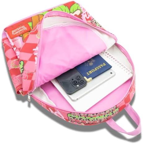 Fast Forward Strawberry Shortcake Backpack for Adults & Kids | 16" Premium Saffiano Leather School Bookbag with Berry Graphics & Rubber Luggage Tag | Streetwear Backpack for Teens Men Women - 4
