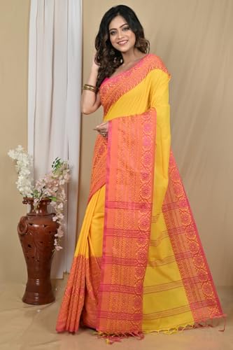 Image of eC ESHA'S COLLECTION Women's Cotton Blend Begumpuri Handloom Saree With Unstitched Running Blouse Piece