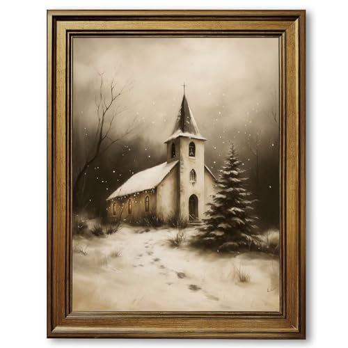 Framed Winter Church Scene Poster Canvas Print Art, Vintage Wall