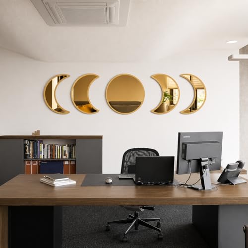 Image of Moon Phase Wall Decor with Beige Laminated Pine Wood Frame & Golden Acrylic Mirror | Boho Celestial Wall Art for Living Room, Bedroom, Yoga & Meditation Room