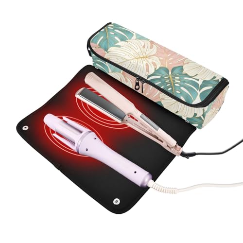 Bolsa para herramientas de cabello y tapete resistente al calor, gran capacidad, organizador para planchas, rizadores y más con diseño tropical Monstera Deliciosa rosa y verde para mujeres miniatura 2