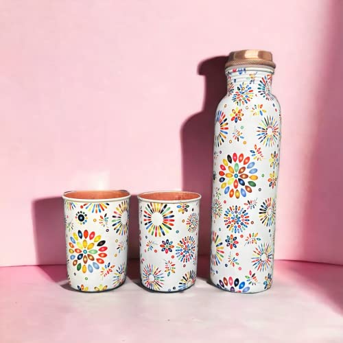 Image of Copper Water Bottle 1 Ltr | Copper Water Bottle with Glass Set | Meena Work | 100% Pure | Leak-Proof | 2 Water Glass 300ml each | Best for Gifting ((Balloon Design))