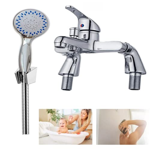 Mixer Tap with Shower Head, Solid Brass Bathroom Set with 3 Adjustable Spray Waterfall Chrome Sink Mixer Tap, Single Lever Deck Mount Bath Filler Tub Mixer Tap with 150cm Long Hose