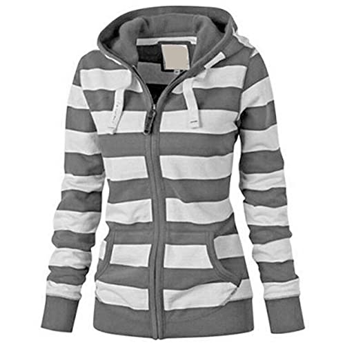 SZITOP Women's Drawstring Hoodie,Ladies Full Zip Fashion Striped Sweatshirt Casual Solid Long Sleeve Crewneck Tops Shirt Coat Sweater with Pockets(A-Gray,4X-Large)
