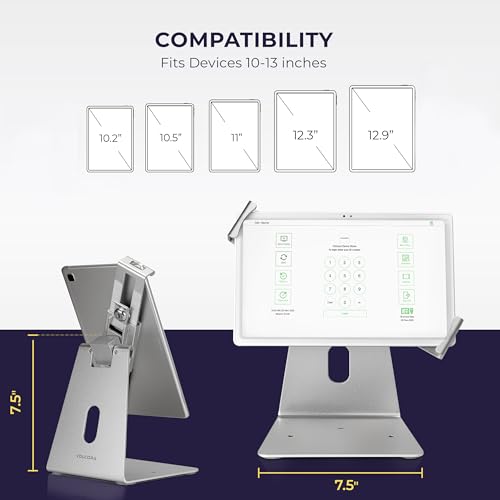 Image of Volcora Anti-Theft Tablet Stand iPad Kiosk Stand with Lock, Silver 10-13'' iPad Stand for Desk, Swivel, Adjustable iPad Holder For Desk, iPad Mount For Desk For POS Register, Retail Business, Cashier