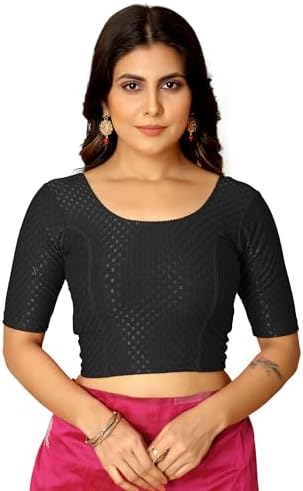 Amazon Brand - Anarva Round Neck Dobby Cotton Lycra Stretchable Elbow Half Sleeve Readymade Saree Blouse for Women Stylish