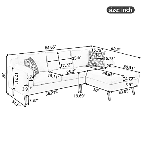 Merax 84.65" Modern Upholstered L-Shape Sofa With Chaise, 2 Pillows, And Rubber Wood Legs, Couch For Living Room, Apartment, Small Space, Brown #TOP1