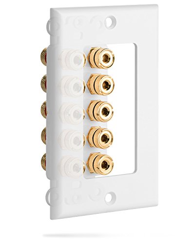 Fosmon [Five Speaker] Home Theater Wall Plate - Premium Quality Gold Plated Copper Banana Binding Post Coupler Type Audio Wall Plate For 5 Speakers (White) #TOP2