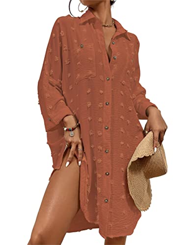 Image of Bsubsach Button Down Swimsuit for Women Sweatshirt Dress with Ruffled Sleeves Beach Shirt