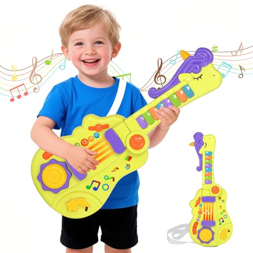 M SANMERSEN 3-in-1 Toddler Guitar Toys for Kids with Piano Drum, Electric Musical Toy with Strap Light Up 3 4 5 Year Old Boys Girls Gifts
