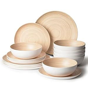 18PCS Bamboo Swirl Melamine Dinnerware Sets for 6, Plates and Bowls Sets (Light Bamboo)