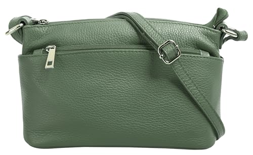 Cluty Umhängetasche Echt Leder Damen Made in Italy, Crossbody Bag, Messenger Bag mit Reißverschluss, Schultertasche aus Rindleder grün 020617