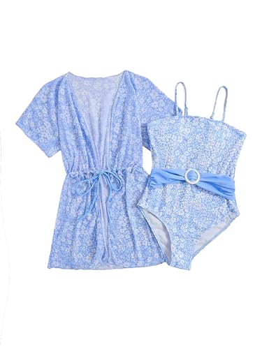 OYOANGLE Girl's 2 Piece Bikini Sets Swimwear Cute Floral Print Spaghetti Strap Swimsuits with Kimono Coverup
