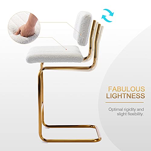 Zesthouse Mid-Century Modern Counter Height Bar Stools For Kitchen Set Of 2, 26 Inch Armless Bar Chairs With Gold Metal Chrome Base For Dining Room, Upholstered Boucle Fabric Counter Stools, White #TOP2