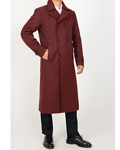 Lisskolo Men's Wool Winter Pea Coat Long Double Breasted Overcoat Solid Notch Lapel Full Length Trench Coat Wine S #TOP1