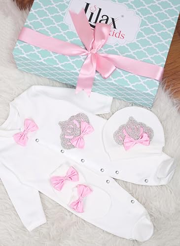 Lilax Conjunto de 3 peças para presente de enxoval para bebês recém-nascidas, Coroa rosa, 3-6 Meses