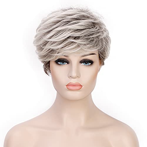 ENTRANCED STYLES Pixie Cut Short Wigs for Women, Silver Gray Pixie Layered Wig for white Women Heat Resistant Synthetic Wig Natural Looking Daily Party Use