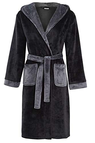 Slumber Hut® Albornoz de forro polar con capucha para niños, cálido, lanudo o tela de franela, color azul marino y gris, talla 7, 8, 9, 10, 11, 12, 13 años, Negro / Carbón, 13 años