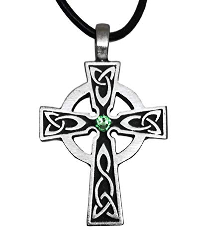 Trilogy Jewelry Pewter Celtic Cross Irish Wales Pendant On Leather W/Swarovski Crystal Light Green August Birthday #TOP21