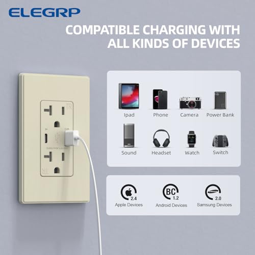 ELEGRP USB A & USB C Wall Outlet, 20 Amp Duplex Tamper Resistant Receptacle Plug NEMA 5-20R, Wall Plate Included, UL Listed, 10 Pack, Matte Light Almond by ELEGRP - Image 3
