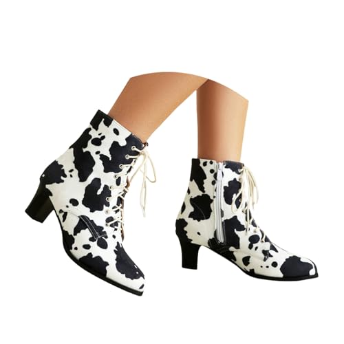 Botas Con Cordones Botines Mujer Vintage Estampado Vaca Boots De Cuero PU Booties Con Punta Redonda Y Tacón En Bloque Zapatos De Tobillo De Primavera for Fiestas, Country, Conciertos(Black,39 EU)