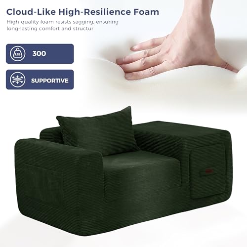 Image of MAXYOYO Folding Sofa Couch, Convertible Floor Sofa with Armrest, Multifunctional Sofa with Pillow and Pockets, Boneless Couch for Living Room, Dark Green