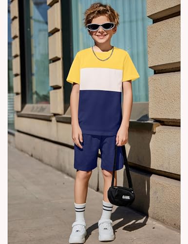 Image of Arshiner Boys' 2-Piece Cotton Outfit Color Block T-Shirt and Shorts Set Summer Camo Clothes for Kids 5-14 Years