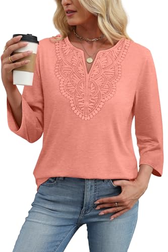 Image of WIHOLL 3 /4 Length Sleeve Womens Tops Boho V Neck Lace Shirt Trendy Blouses Dressy Casual Vacation Clothes S-3XL