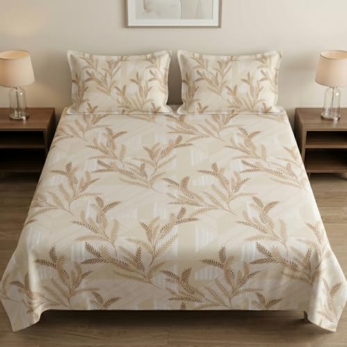 Image of Mafatlal 186 TC Metro Cotton King Size Bedsheet | 108 x 108 Inch | Soft, Breathable & Lightweight | Includes 2 Pillow Covers | Cream Gold