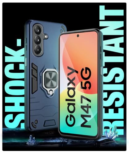 Image of WOW IMAGINE Shock Proof Back Case Mobile Cover for Samsung Galaxy M47 5G | Back Cover Case (Tough Armor | Hybrid PC + TPU | Ring Holder & in-Built Kickstand | Blue)