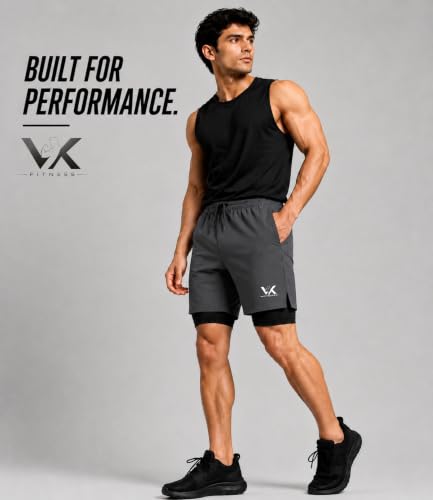 VK FITNESS Men's 2-in-1 Gym Shorts with Compression Liner, Dark Grey, - Image 6