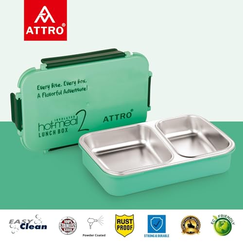 Image of ATTRO Hot-Meal 2 Insulated Lunch Box with 2 Compartment, Inner Stainless Steel & Locking Lid BPA-Free Food Grade Ideal for School, Office - 800ml Green
