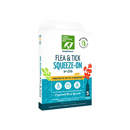 Only Natural Pet Flea and Tick Prevention for Cats - EasyDefense Flea Remedy - Natural Flea Treatment Control Squeeze-On Drops - Three Months Supply (Single)