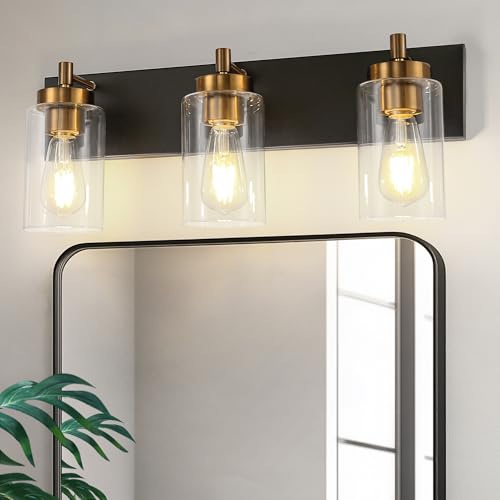 Image of DORESshop 3-Light Black and Gold Bathroom Light Fixtures with Straight Glass Shades, Bathroom Lighting Fixtures Over Mirrors, Modern Wall Sconce Lighting Vanity Light for Bathroom Living Room