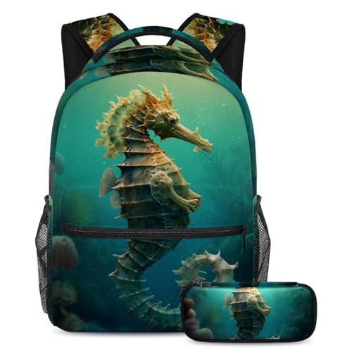 Sac à dos hippocampe bleu et trousse pour les journées d'école