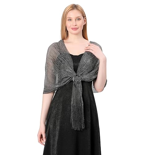 Image of Stoles for Evening Dress with Buckle, Fringes - Polyester Blend, Shimmer Stole Wraps for Weddings, Party | Women's Clothing