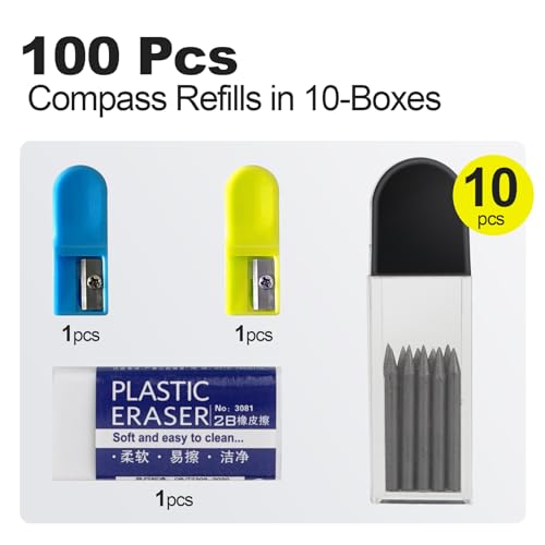 Behiruch 100 Stück 2B Zirkelminen, 2mm Zirkel Mine mit Radiergummi und Zirkelspitzer, Zirkel Ersatzminen Zirkelersatzminen für Mathematische Zeichnungserstellung