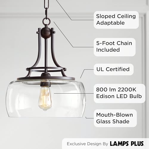 Franklin Iron Works Bronze Pendant Light Fixture - Charleston Bronze, Clear Glass, Small Farmhouse Pendant Light for Kitchen Islands, Living Rooms, Dining Rooms, and Bedrooms - 13 1/2" Wide, 16" High - Image 3