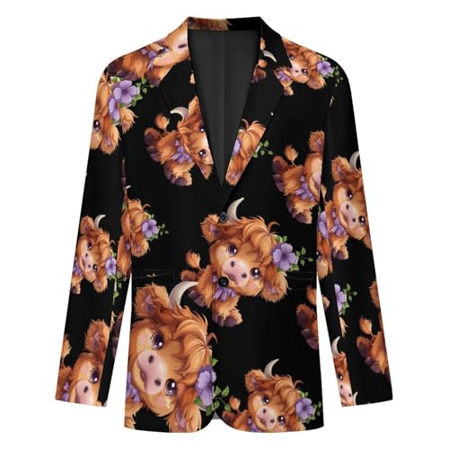 Highland Cow With Purple Flowers Scottish Farm Mens Casual Blazer Button Suit Jacket Lightweight Sport Coat for Work Business4