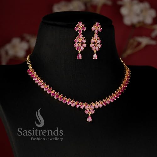 Image of Sasitrends Micro Gold Plated American Diamond Ruby stone Studded Jewellery Set