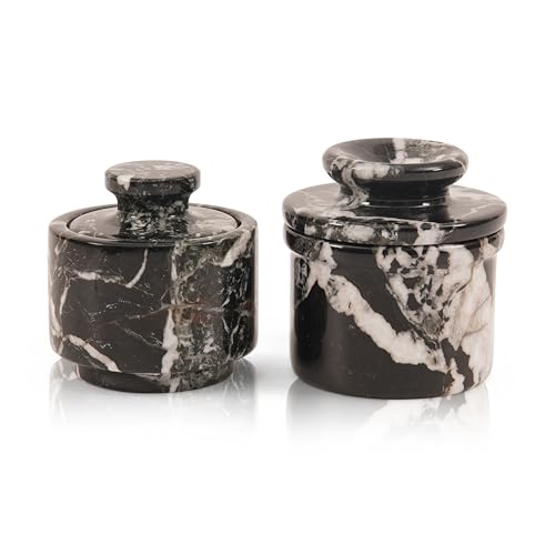 Marble Butter Keeper and Salt Cellar Set, Black Zebra Marble Kitchen Counter Containers for Butter, Seasoning & Condiments, Home & Kitchen Décor