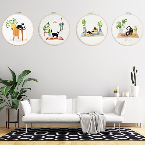 Image of Bonroy 4 Sets Embroidery Set for Beginners, Art Craft, Easy Sewing, Includes Embroidery Clothing, Pattern, Embroidery Hoop, Instruction Manual, Colorful Thread Stitch Set (Cat)