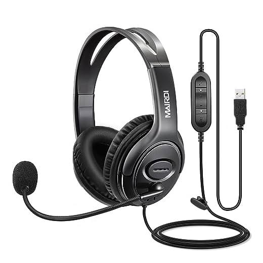 MAIRDI USB Headset with Microphone for PC, Computer Headset with Mic Noise Canceling for Laptop Teams Zoom Office Work Call Center Business Softphone, Dictation Headset for Dragon Naturelly Speaking