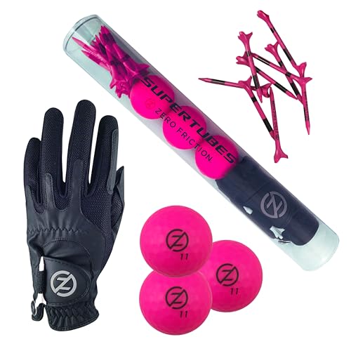 Zero Friction Men's SuperTube Golf Kit (Includes 3 Golf Balls, 1 Universal fit Glove, and Pack of Golf tees), Neon Fuchsia